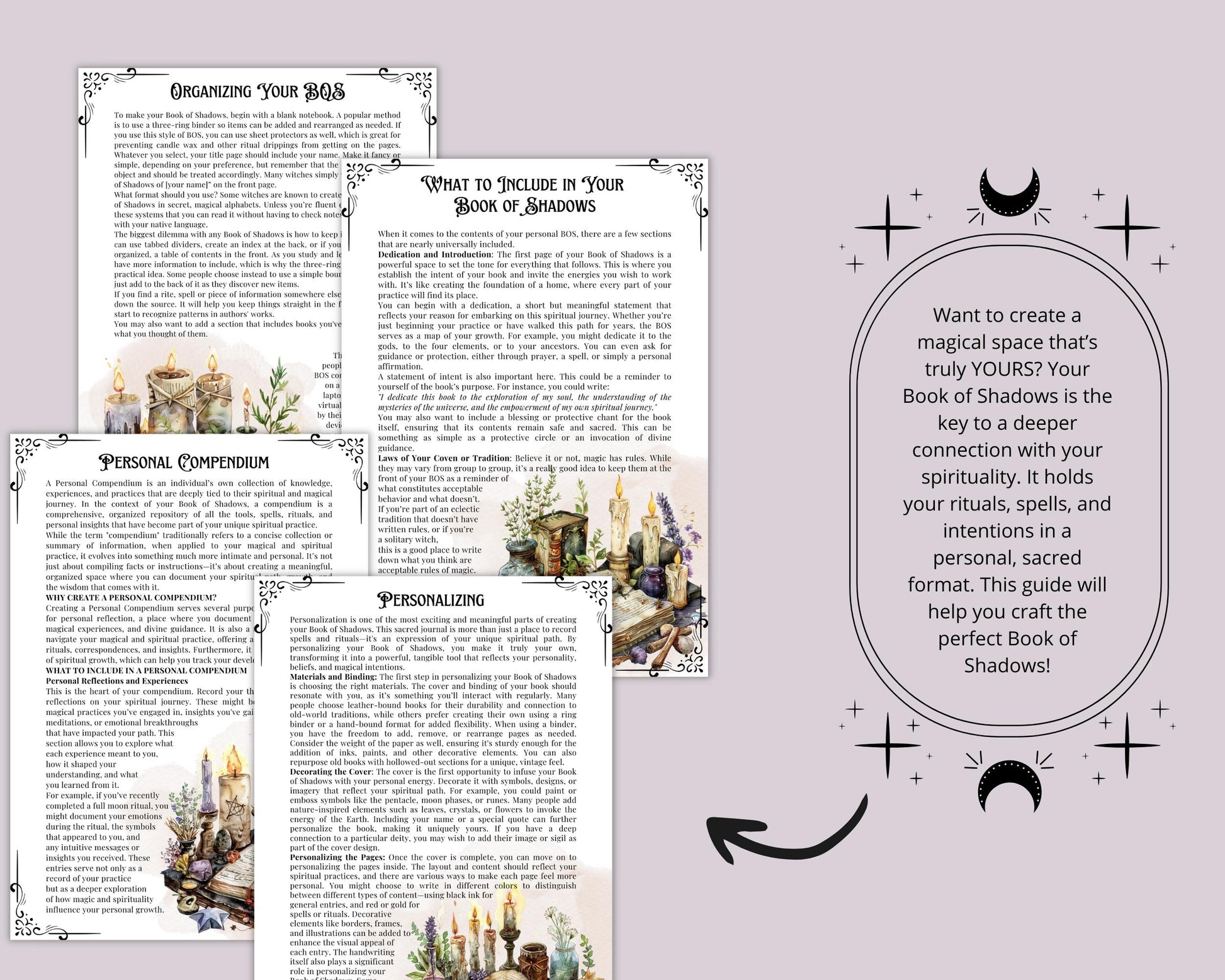 How to make a Book Of Shadows + BONUS (BOS dividers pages). Beautiful pages. Instant download.