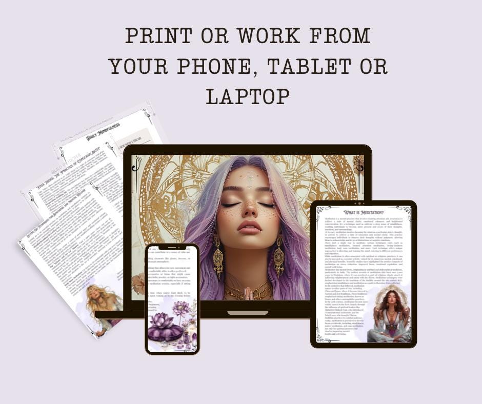 Meditation Guide. Breathing Techniques, Styles, Affirmations, Journal Prompts, Meditation Scripts, and more! Printable