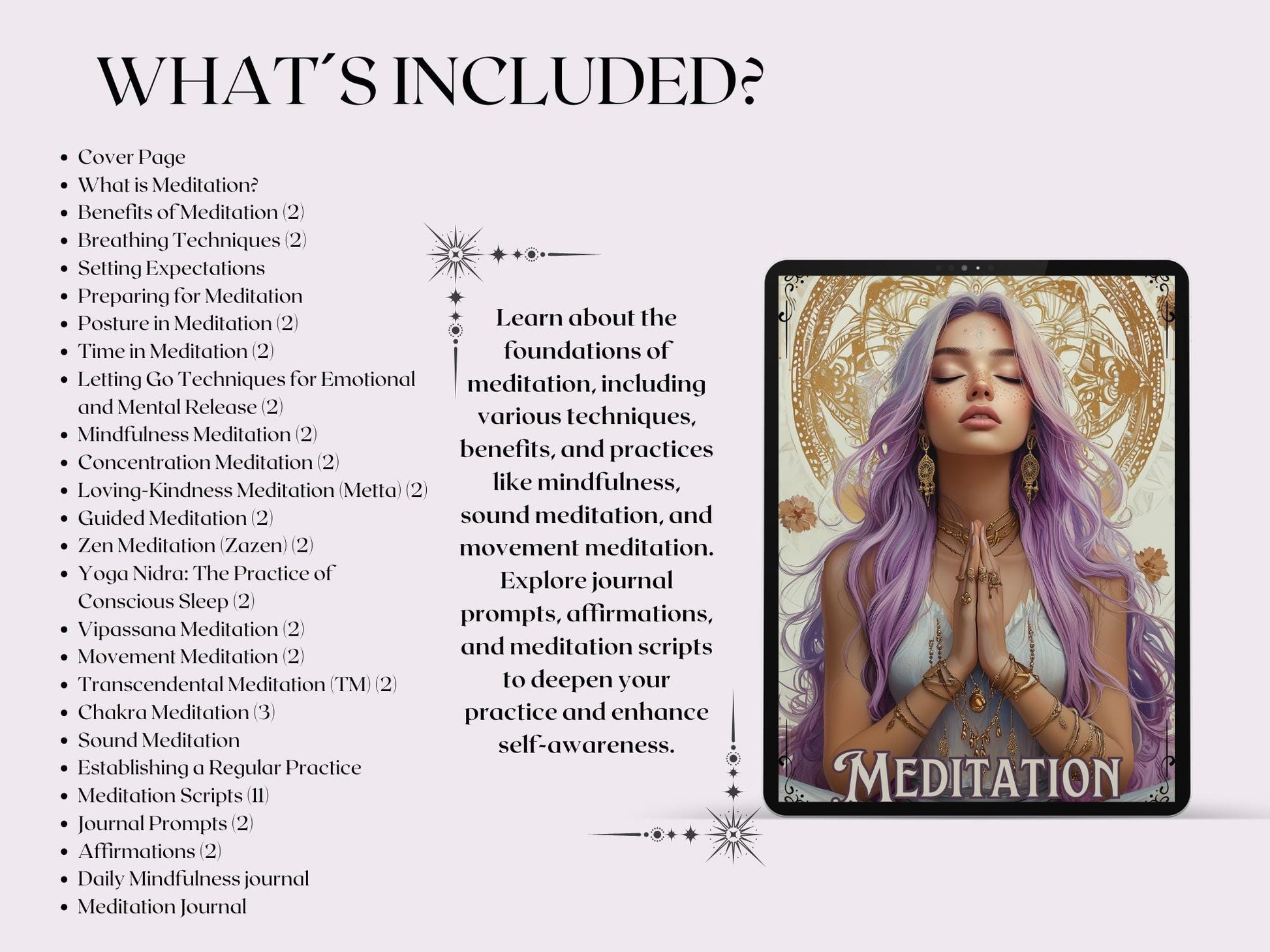 Meditation Guide. Breathing Techniques, Styles, Affirmations, Journal Prompts, Meditation Scripts, and more! Printable