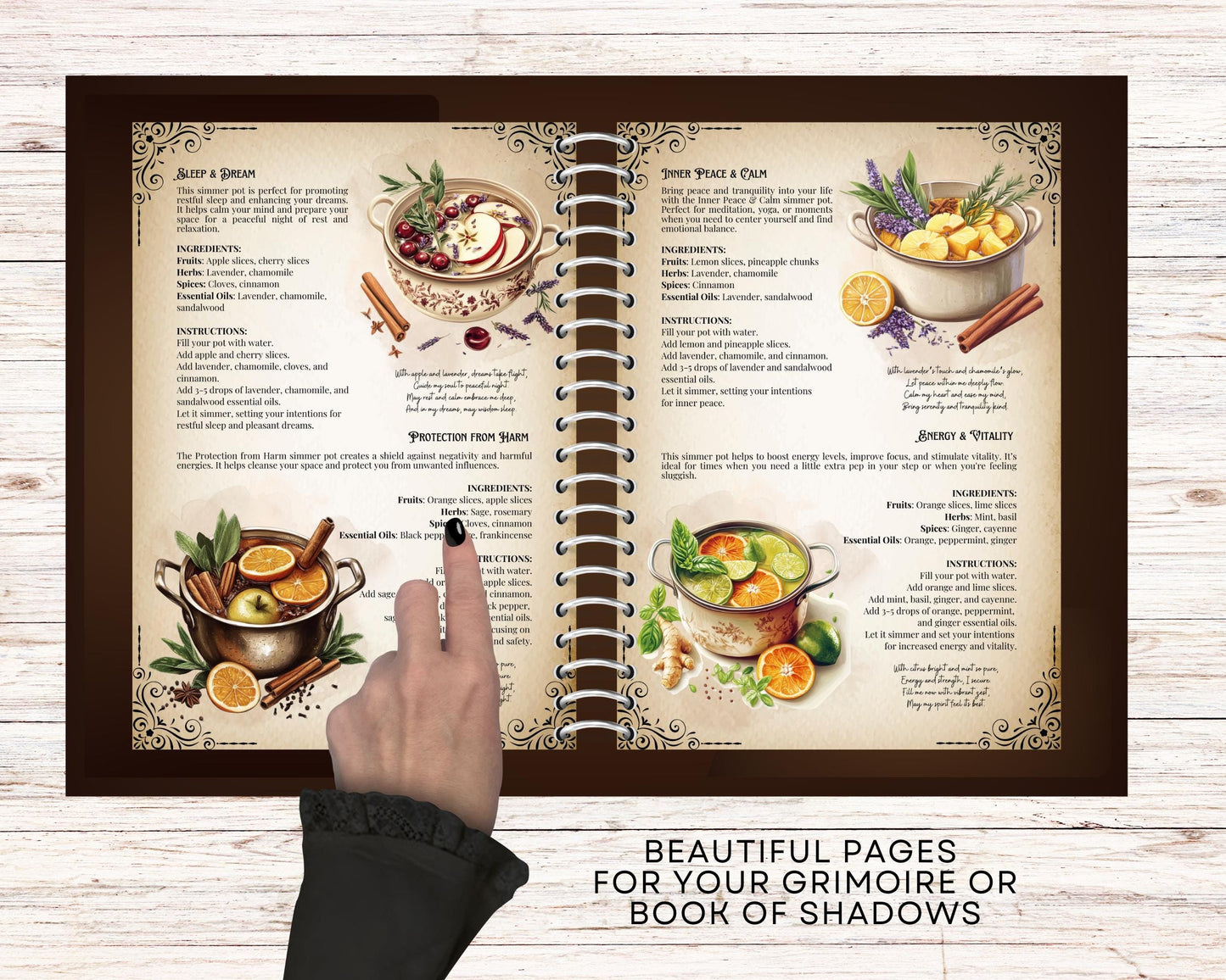 Simmer Pot Recipes. 30 Magical Simmer Pots. Beautiful pages for your Grimoire or Book Of Shadows. Printable