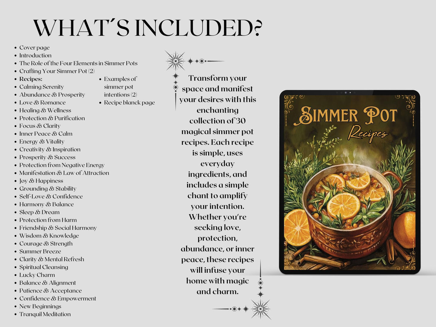 Simmer Pot Recipes. 30 Magical Simmer Pots. Beautiful pages for your Grimoire or Book Of Shadows. Printable