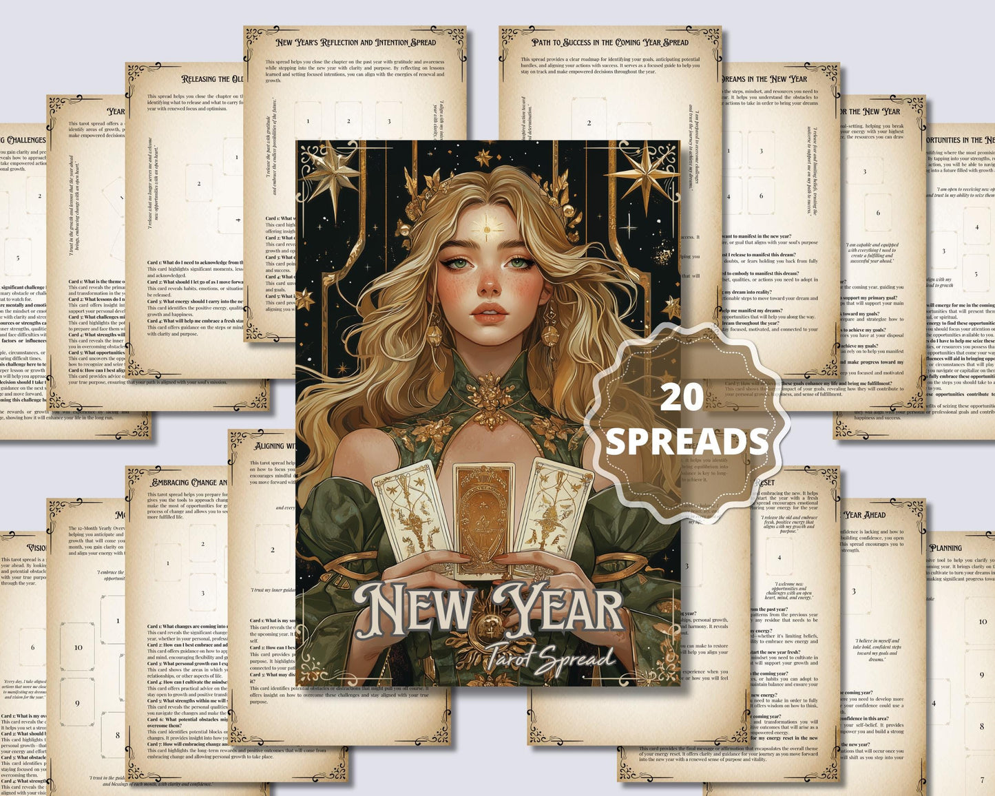 New Year Tarot Spreads Journal. 20 Tarot Spreads to guide your journey into the year ahead. Printable