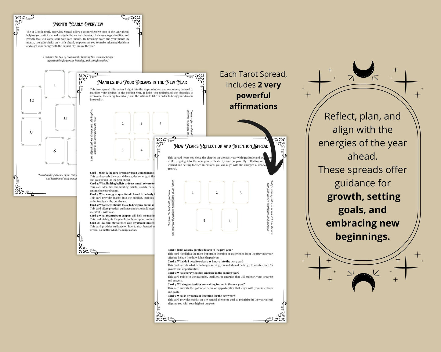 New Year Tarot Spreads Journal. 20 Tarot Spreads to guide your journey into the year ahead. Printable