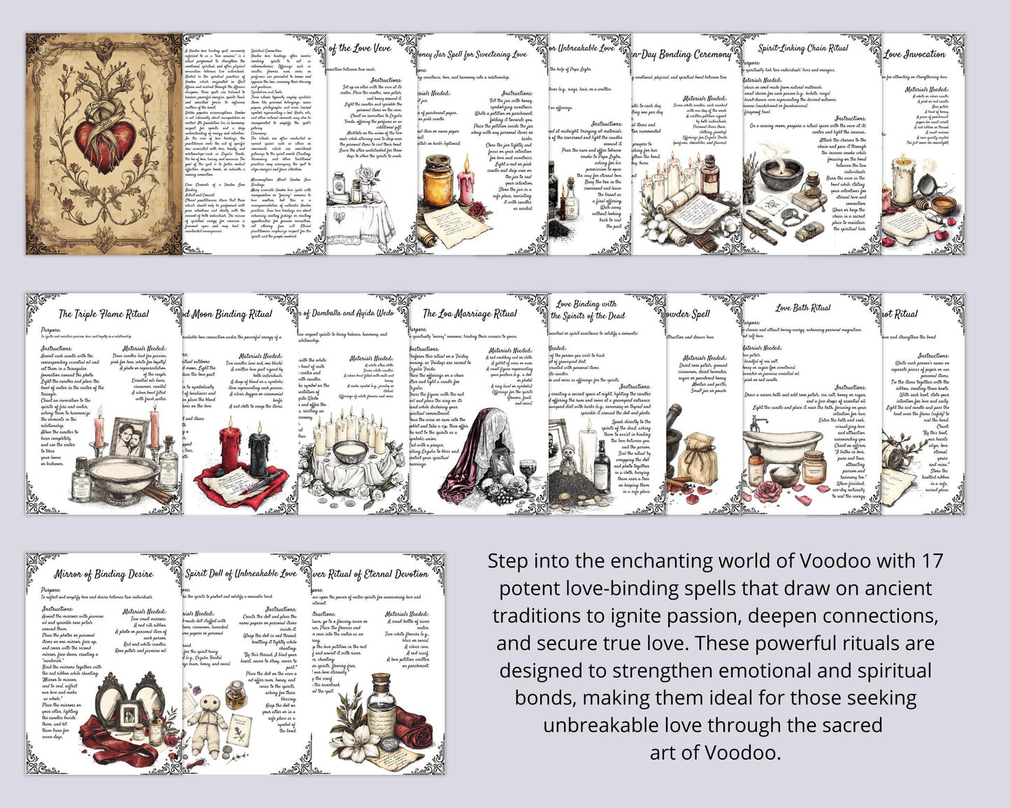 Ancient Voodoo Love Bindings. 17 Love Spells. Beautiful pages for your Grimoire or Book Of Shadows. Printable.