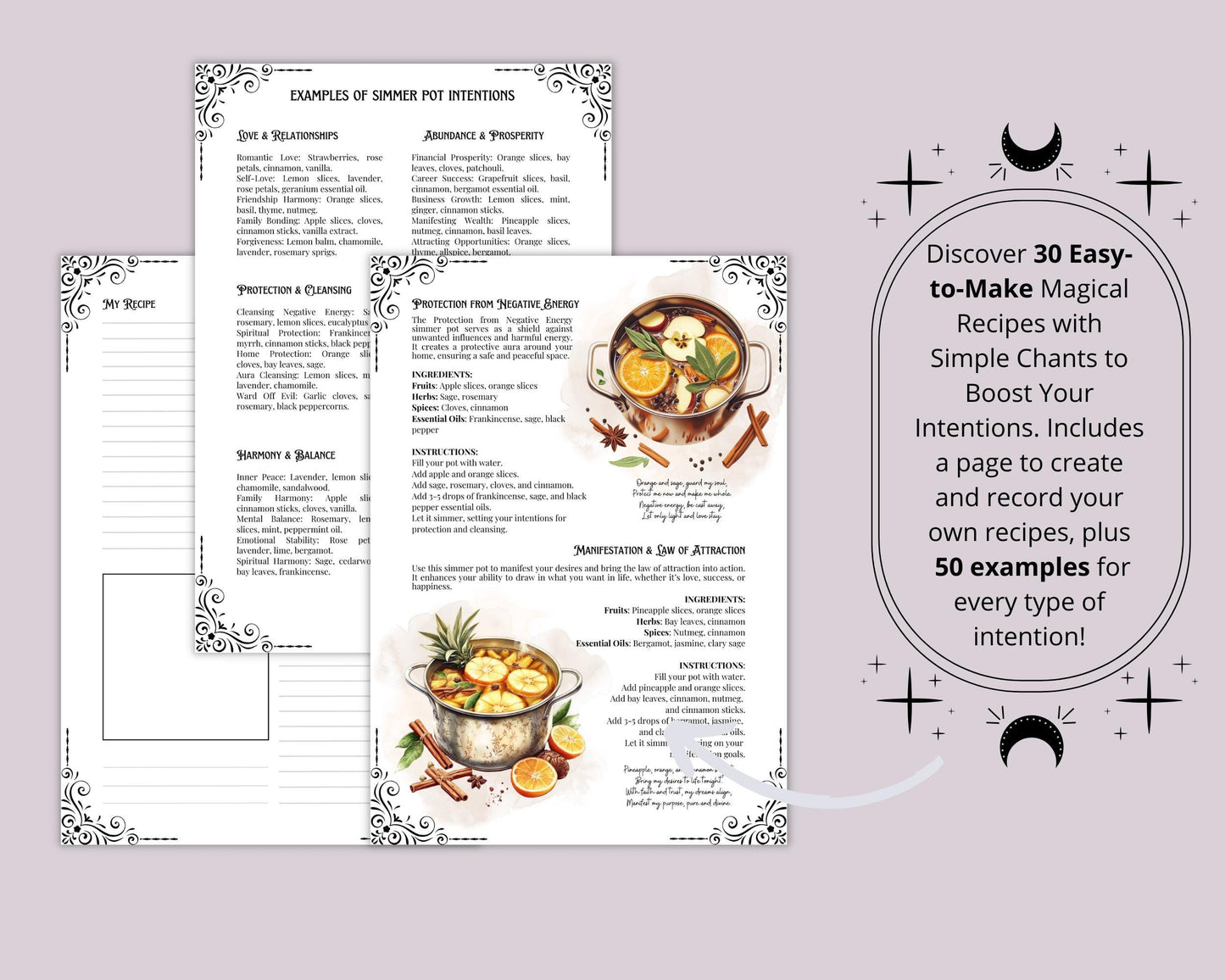 Simmer Pot Recipes. 30 Magical Simmer Pots. Beautiful pages for your Grimoire or Book Of Shadows. Printable