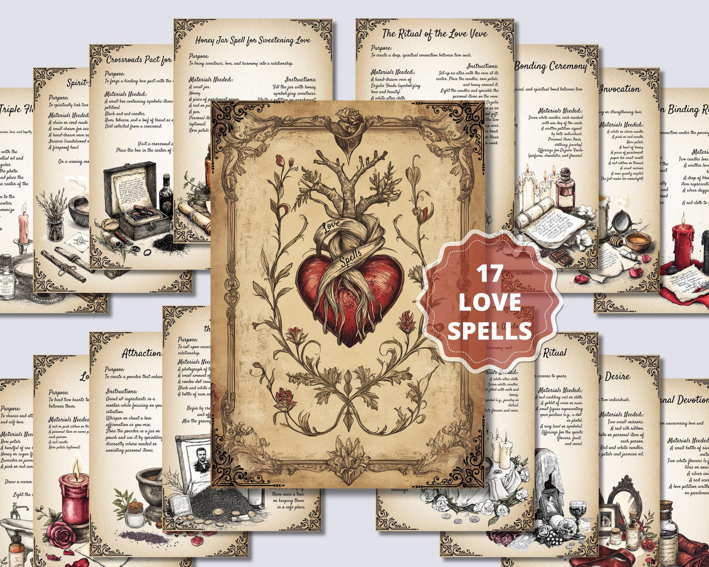 Ancient Voodoo Love Bindings. 17 Love Spells. Beautiful pages for your Grimoire or Book Of Shadows. Printable.