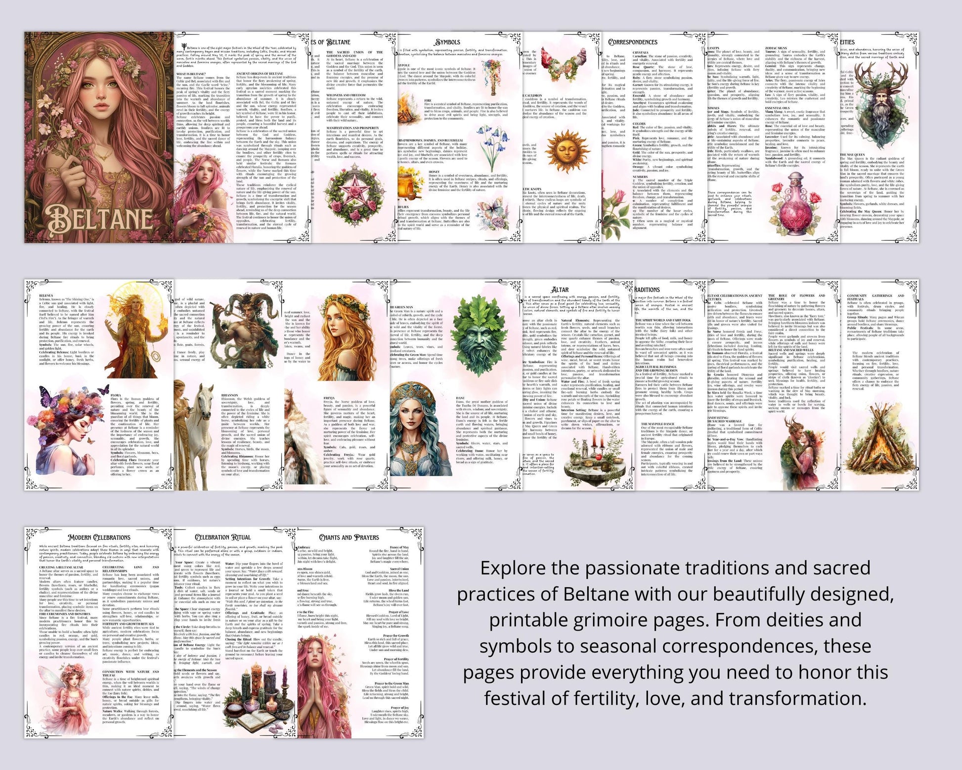 Beltane. Beautiful pages for your Grimoire or Book Of Shadows. Printable. Beltane Sabbat.