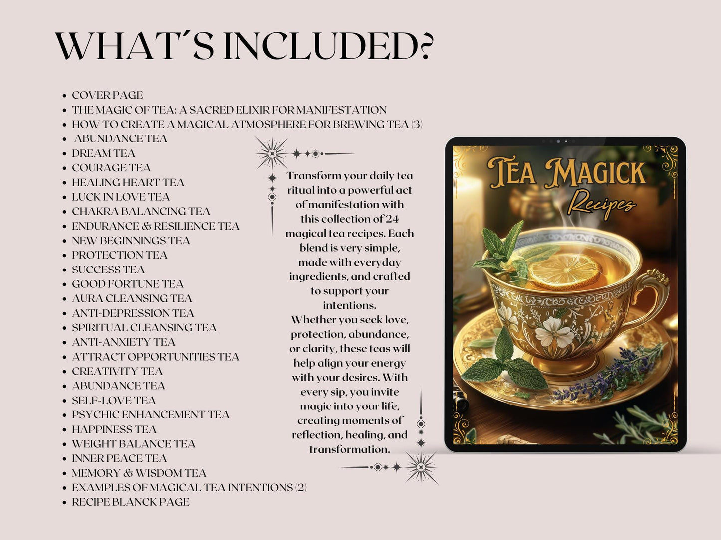 Tea Magick Recipes. 24 Magical Tea recipes. Beautiful pages for your Grimoire or Book Of Shadows. Printable
