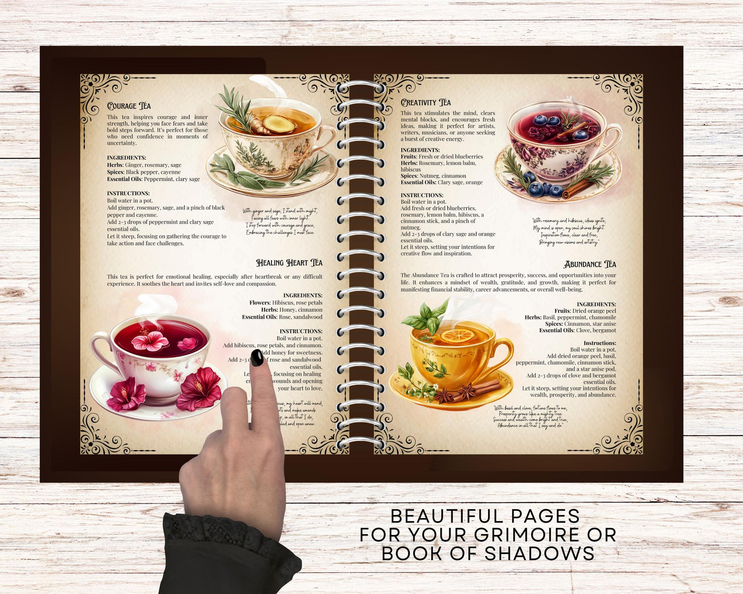 Tea Magick Recipes. 24 Magical Tea recipes. Beautiful pages for your Grimoire or Book Of Shadows. Printable