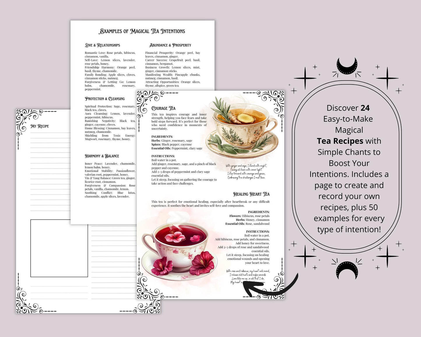 Tea Magick Recipes. 24 Magical Tea recipes. Beautiful pages for your Grimoire or Book Of Shadows. Printable