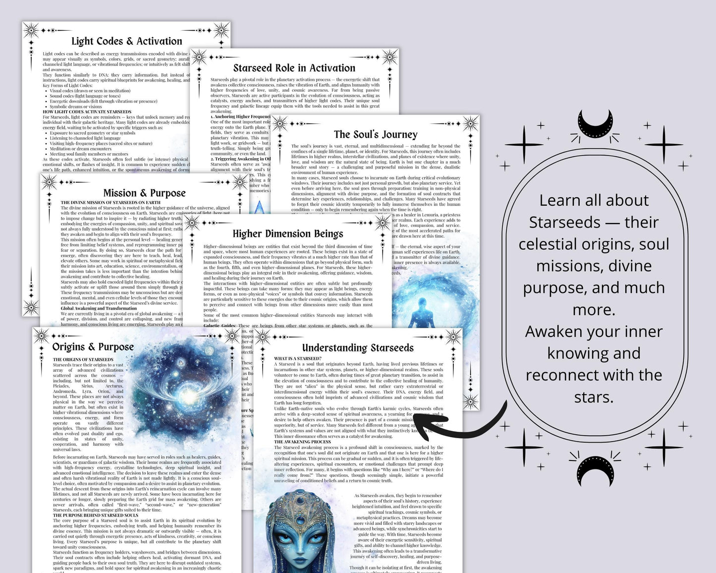 Starseed Awakening Guide, Origin and Mission, Light Codes, Meditations, Dreams, Tarot Spreads, Journal Prompts, & More! Printable Pages