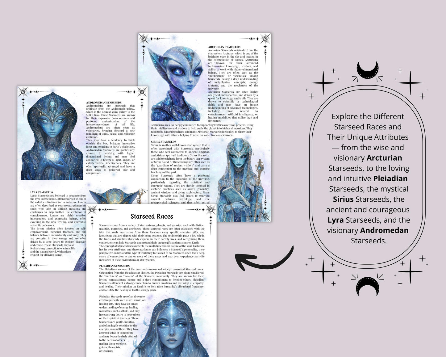 Starseed Awakening Guide, Origin and Mission, Light Codes, Meditations, Dreams, Tarot Spreads, Journal Prompts, & More! Printable Pages