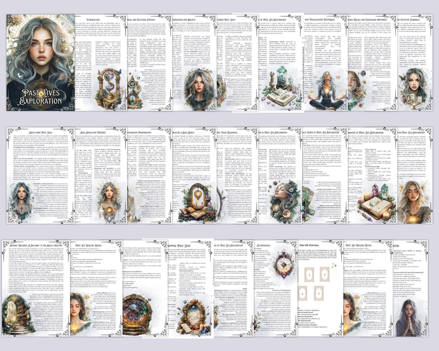 Past Life Exploration Guide, Regression, Dreamwork, Spells, Tarot Spreads, Journal Prompts, & More! - Beautiful Grimoire pages. Printable