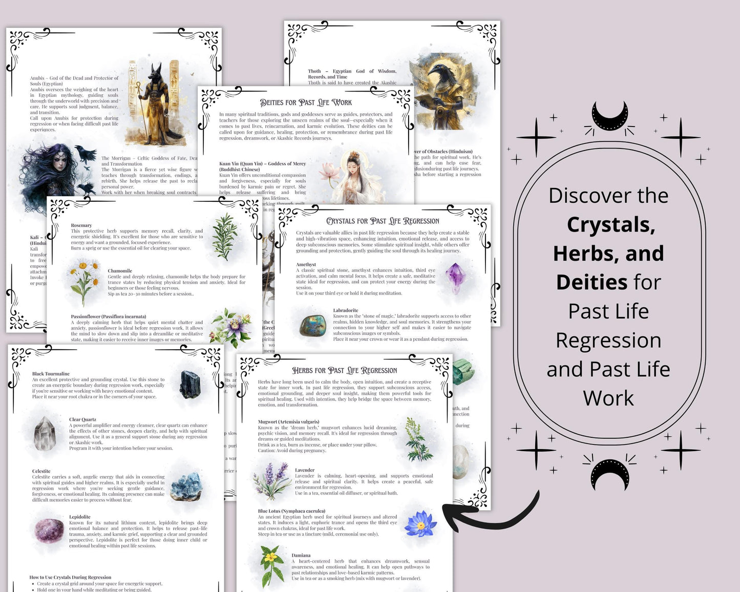 Past Life Exploration Guide, Regression, Dreamwork, Spells, Tarot Spreads, Journal Prompts, & More! - Beautiful Grimoire pages. Printable