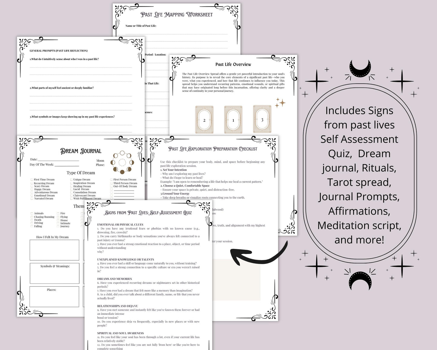 Past Life Exploration Guide, Regression, Dreamwork, Spells, Tarot Spreads, Journal Prompts, & More! - Beautiful Grimoire pages. Printable