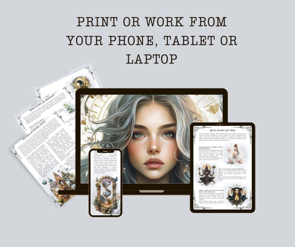 Past Life Exploration Guide, Regression, Dreamwork, Spells, Tarot Spreads, Journal Prompts, & More! - Beautiful Grimoire pages. Printable
