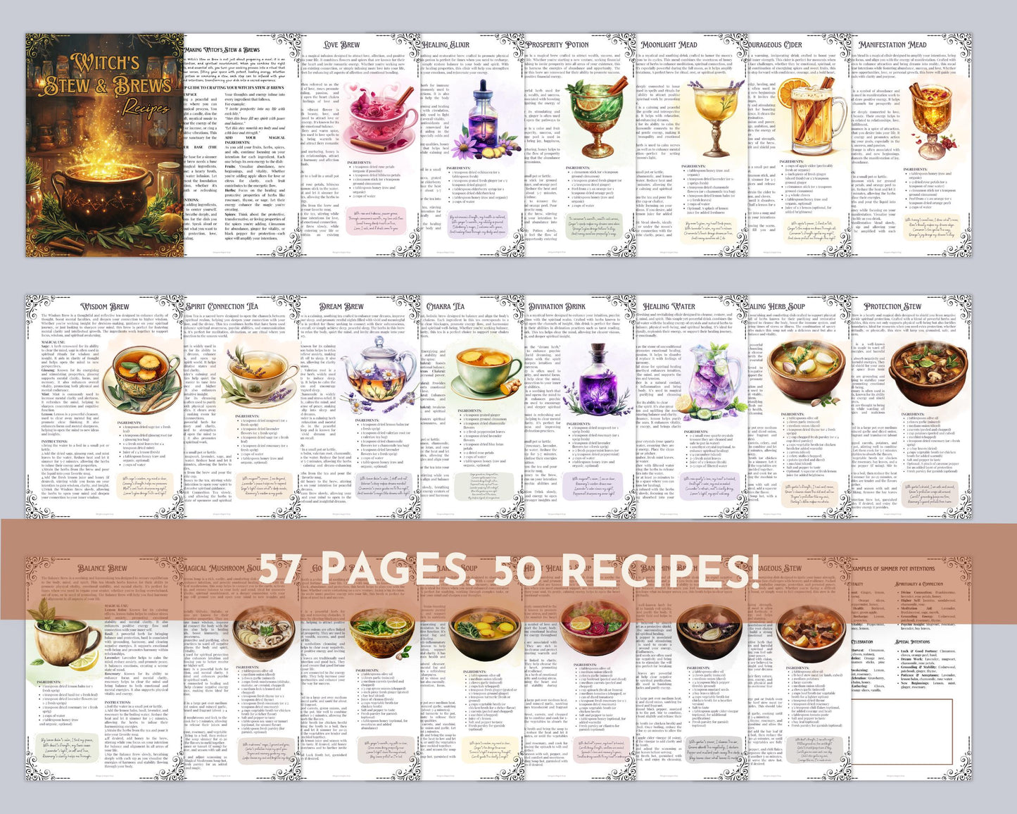 Witch's Stew and Brews. 50 Enchanted Recipes for Body and Soul. Beautiful pages for your Grimoire or Book Of Shadows. Printable