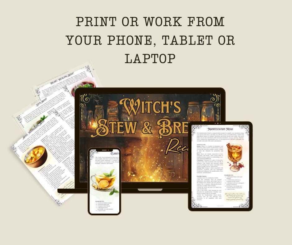 Witch's Stew and Brews. 50 Enchanted Recipes for Body and Soul. Beautiful pages for your Grimoire or Book Of Shadows. Printable