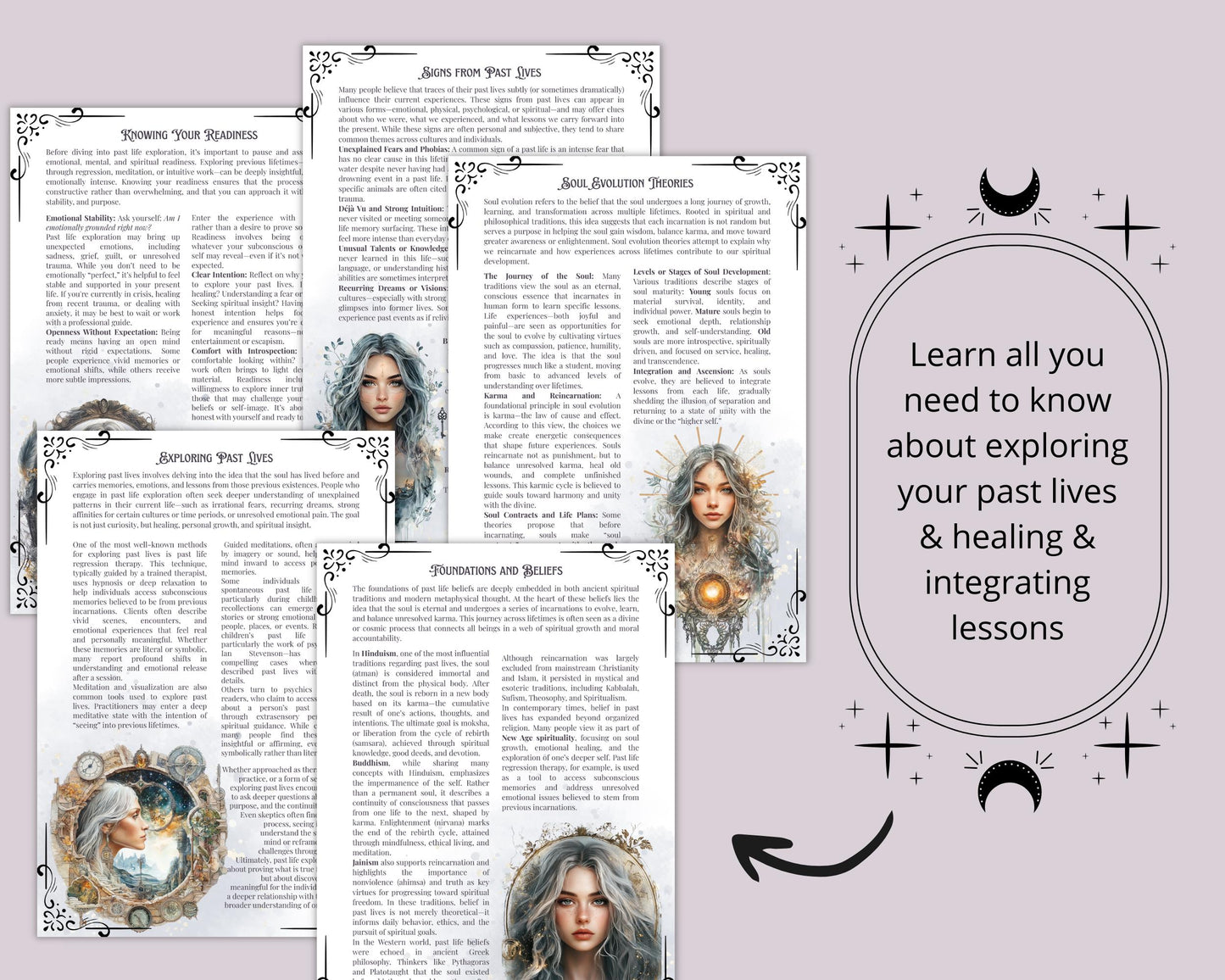 Past Life Exploration Guide, Regression, Dreamwork, Spells, Tarot Spreads, Journal Prompts, & More! - Beautiful Grimoire pages. Printable