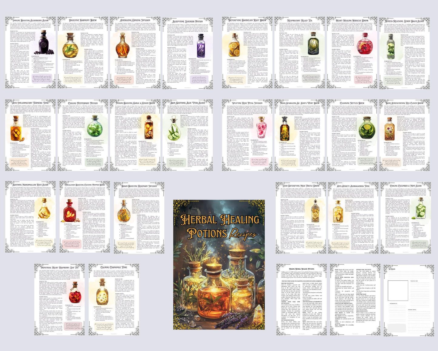 24 Herbal healing potions. Beautiful pages for your Grimoire or Book Of Shadows. Printable