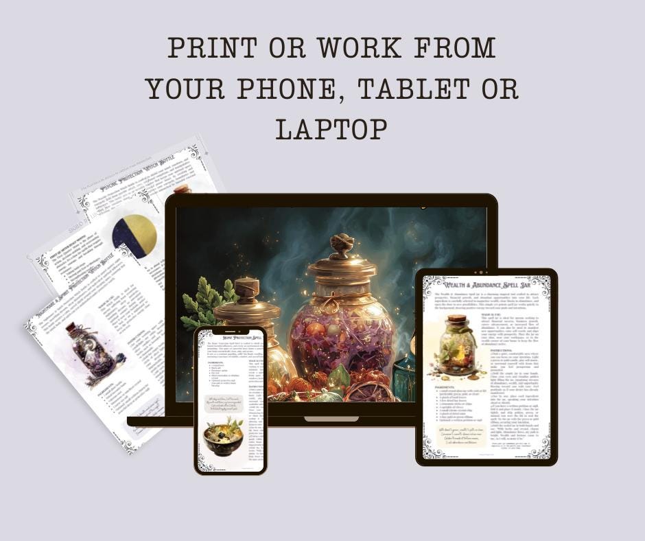 Spell Jars Printable Grimoire – 80 Pages! Spell Jars, Magic Bowls & Witch Bottles Guide – Witchcraft Book of Shadows PDF