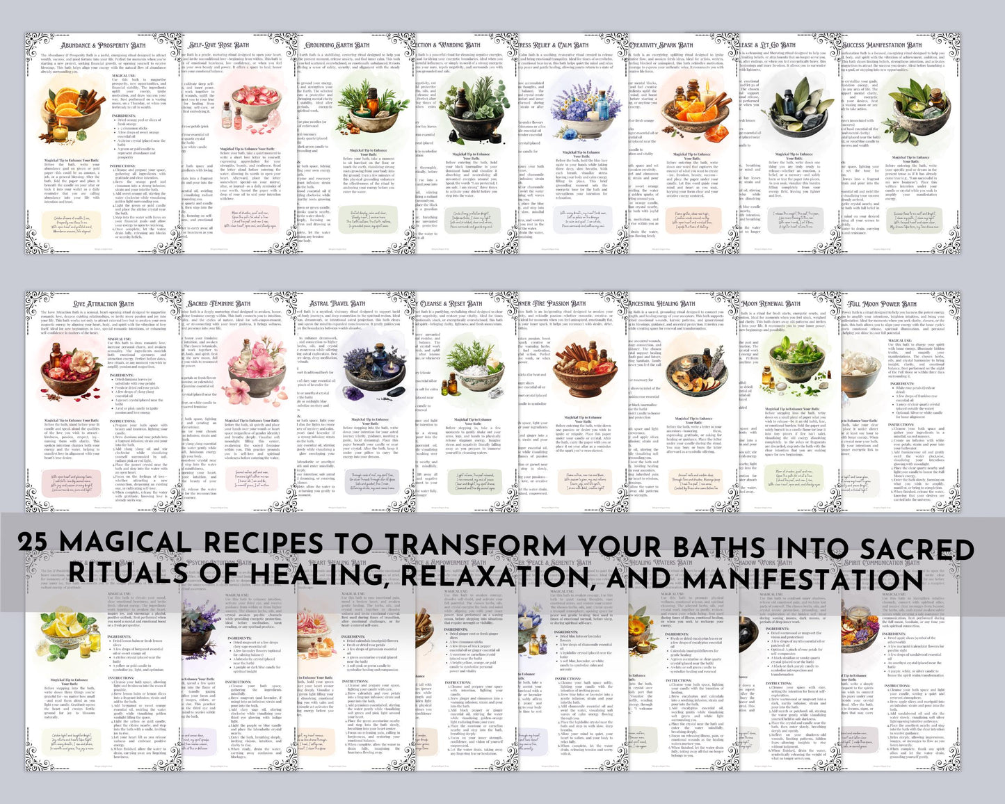 25 Magickal Bath Spells & Ritual Recipes | Printable Grimoire Pages | Witchcraft Self-Care Digital Download