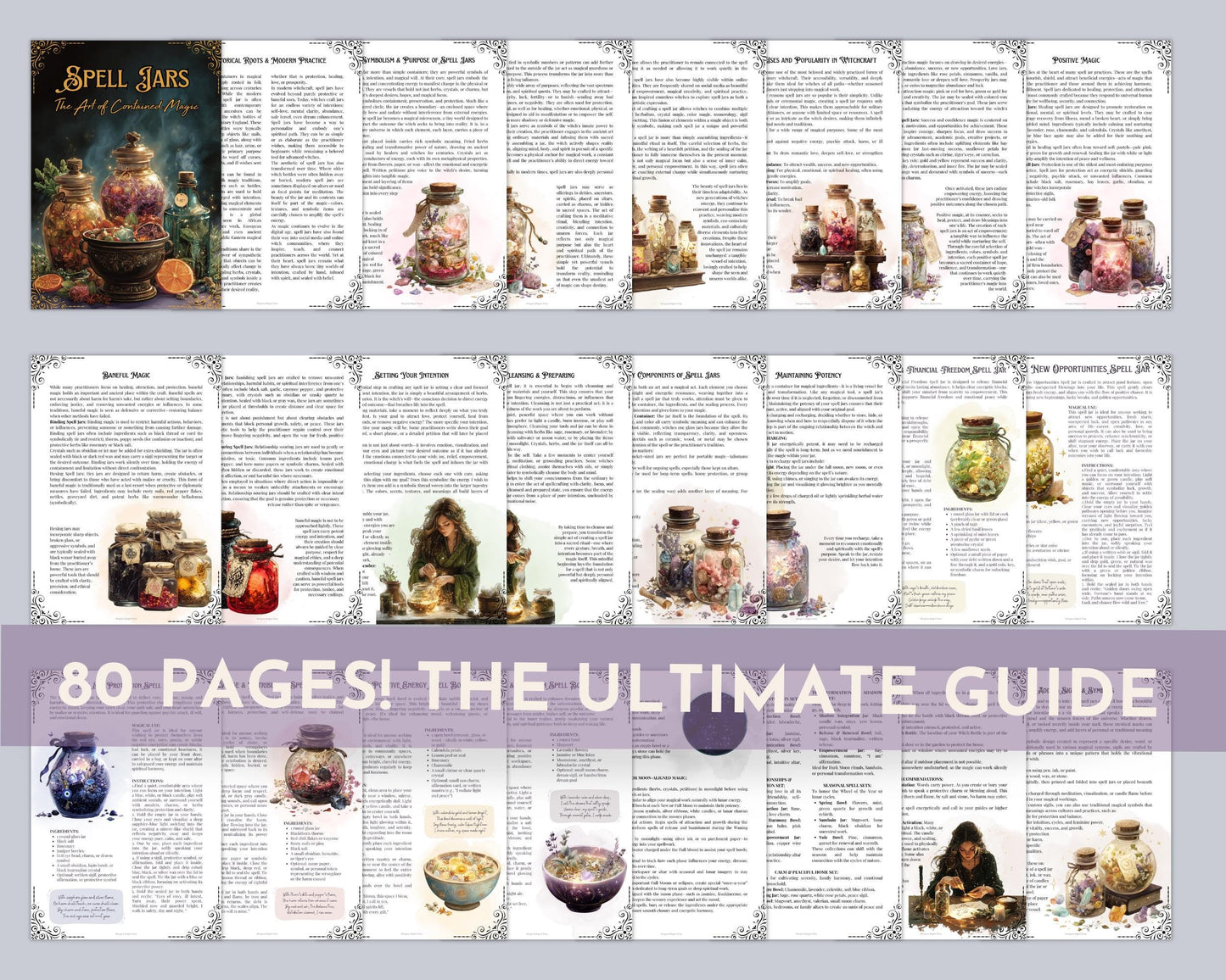 Spell Jars Printable Grimoire – 80 Pages! Spell Jars, Magic Bowls & Witch Bottles Guide – Witchcraft Book of Shadows PDF
