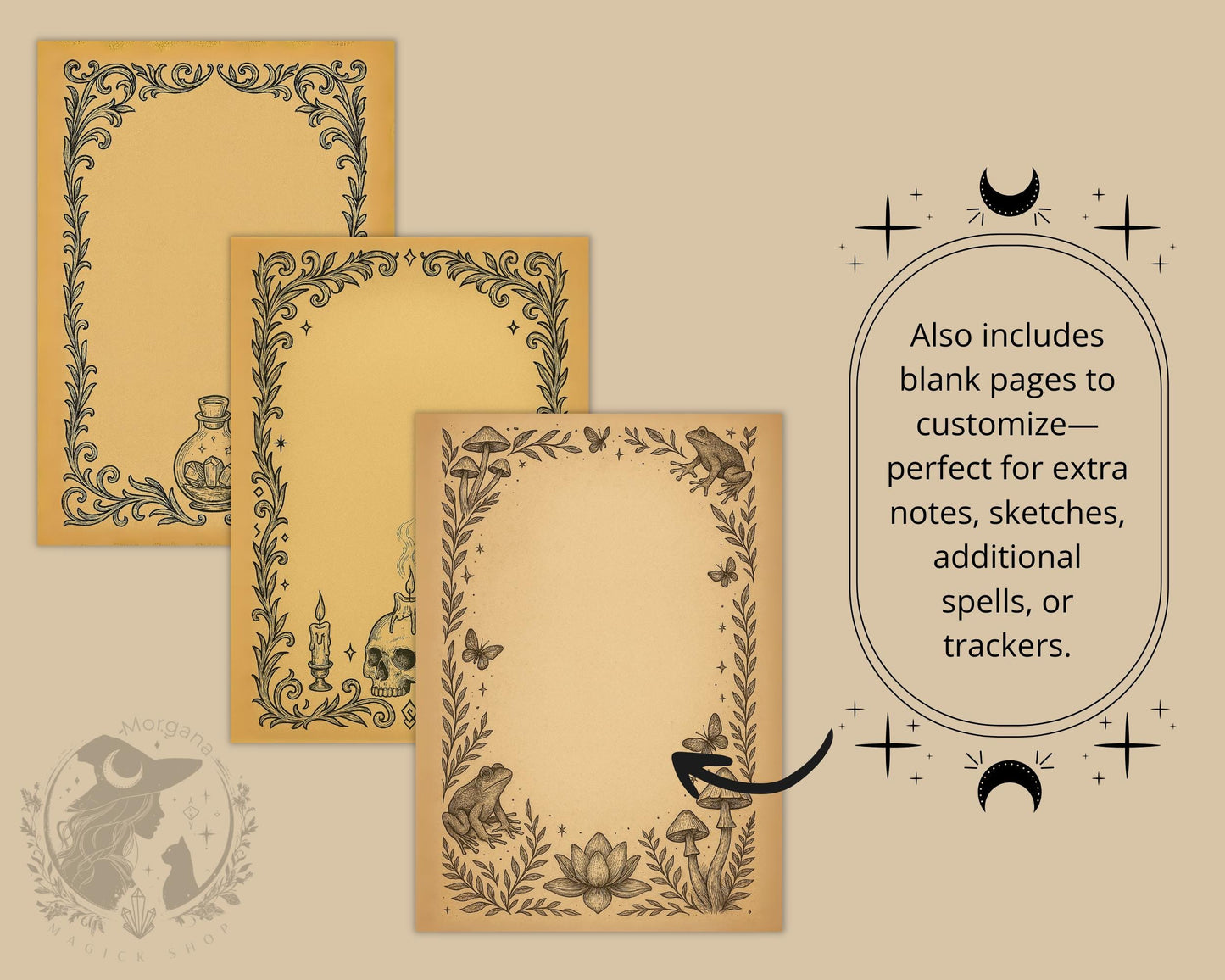 Grimoire Journal Printable – 76 Witchcraft Pages | Book of Shadows | Vintage Ephemera Magic Paper | Antique Parchment Digital Download