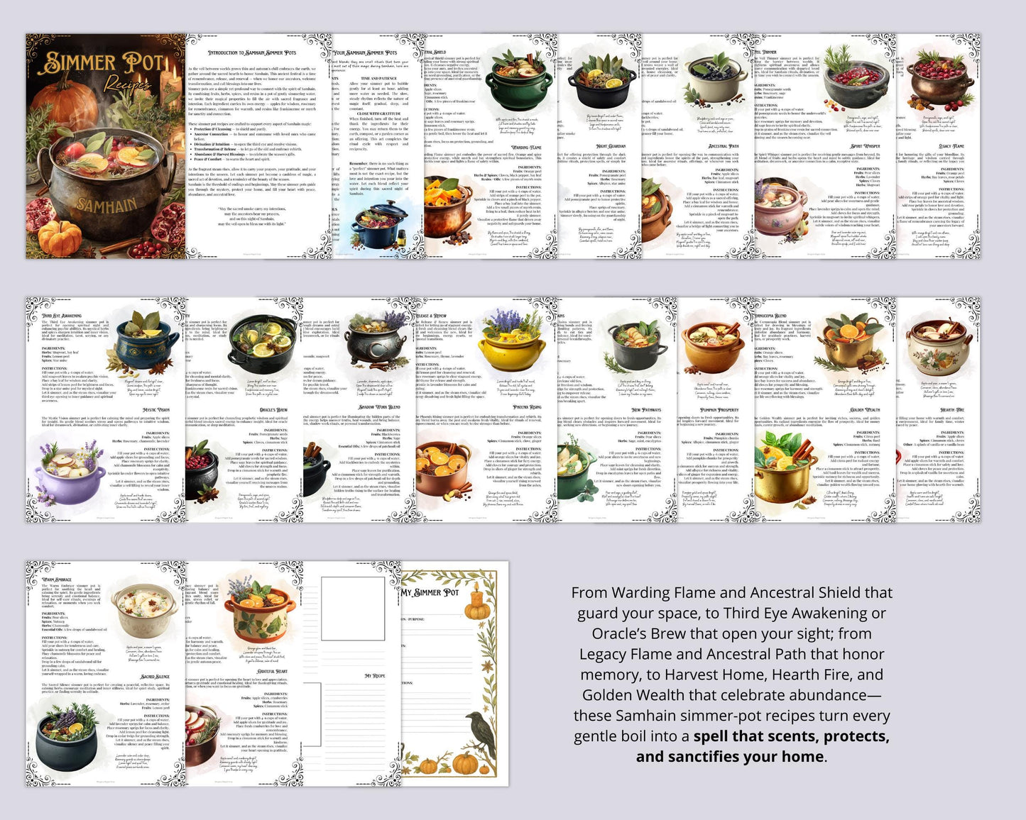 Samhain Simmer Pot Recipes PDF | Witchy Stovetop Potpourri Rituals, Wiccan Fall Magic, Ancestral Connection, Protection & Cleansing.