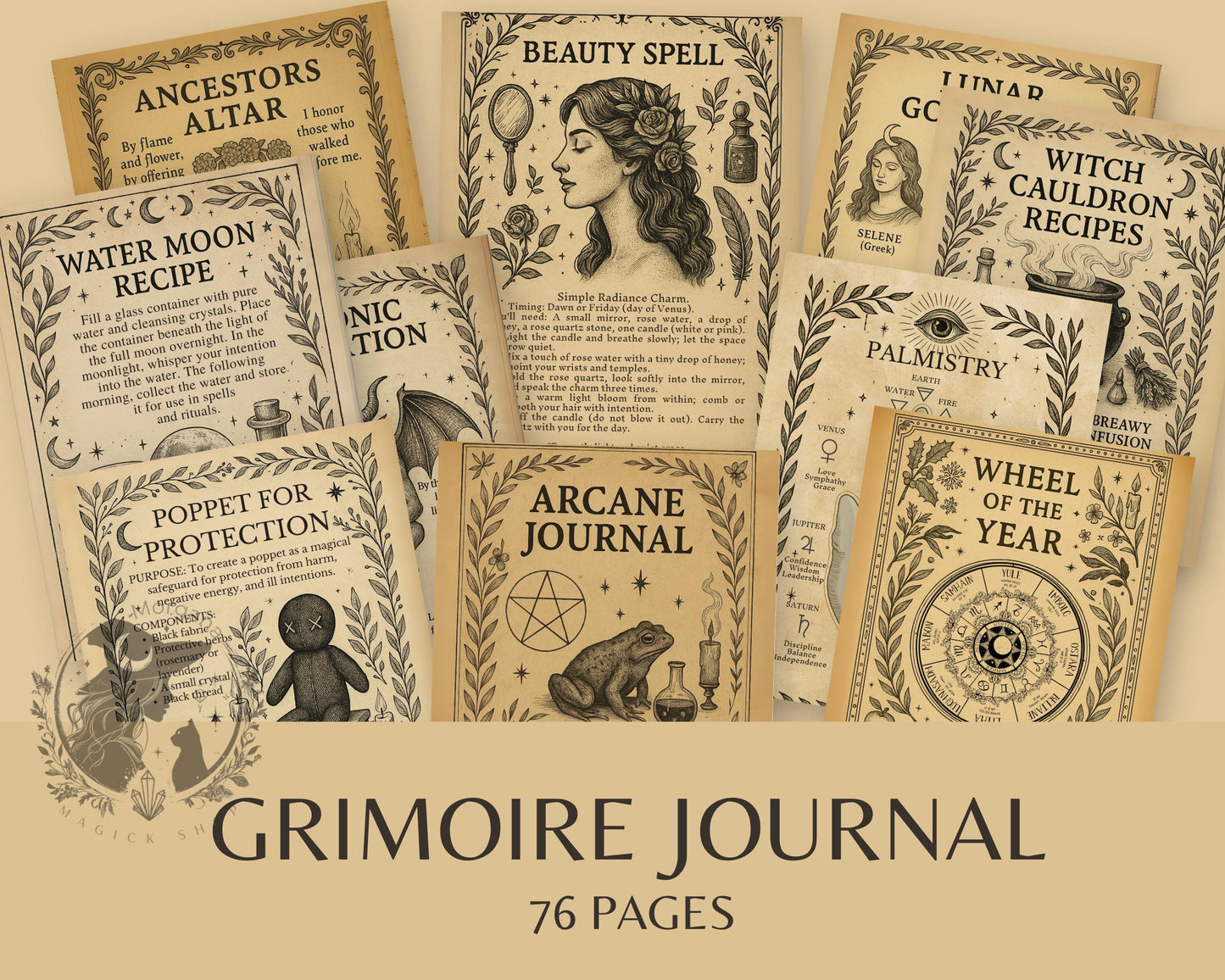 Grimoire Journal Printable – 76 Witchcraft Pages | Book of Shadows | Vintage Ephemera Magic Paper | Antique Parchment Digital Download