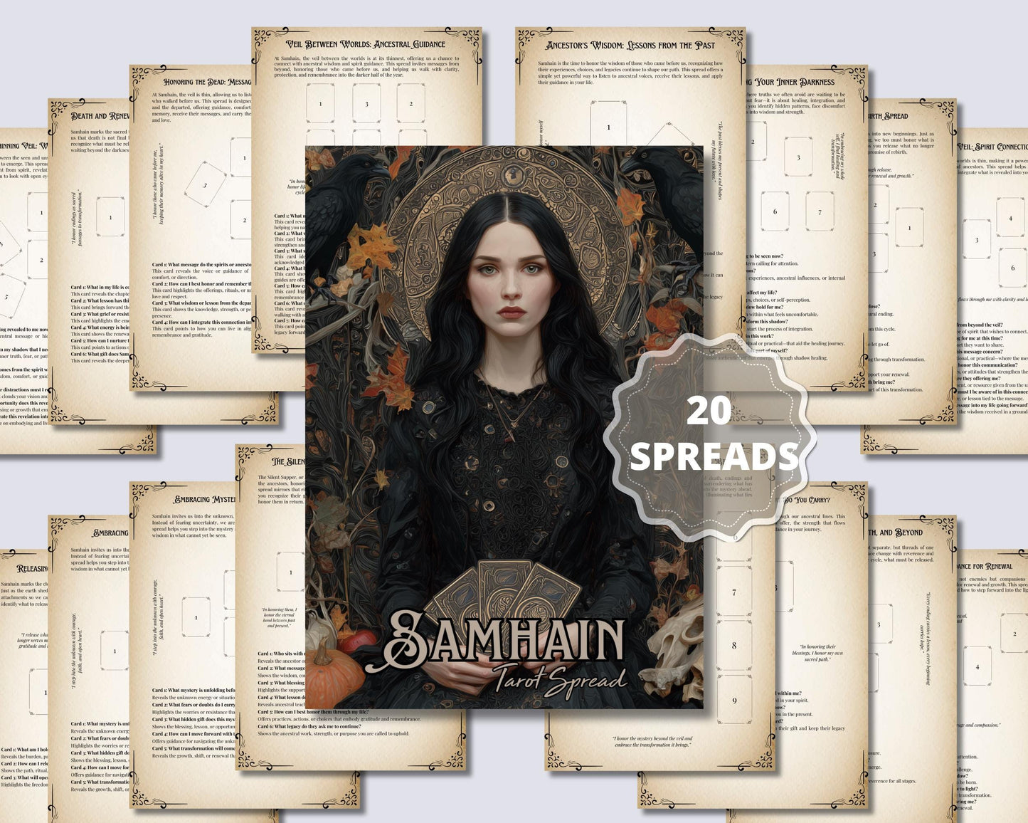 Samhain Tarot Spread PDF — Ancestral Guidance & Shadow Work | Wicca Pagan Witchcraft | Wheel of the Year Printable