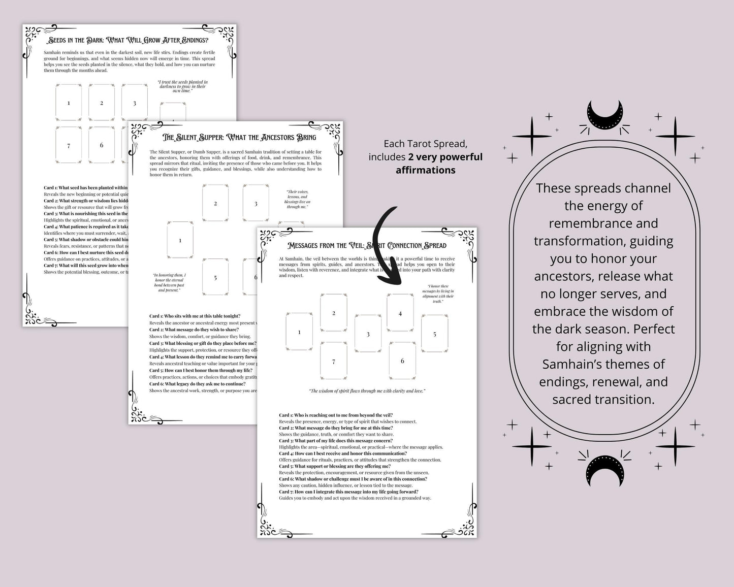 Samhain Tarot Spread PDF — Ancestral Guidance & Shadow Work | Wicca Pagan Witchcraft | Wheel of the Year Printable