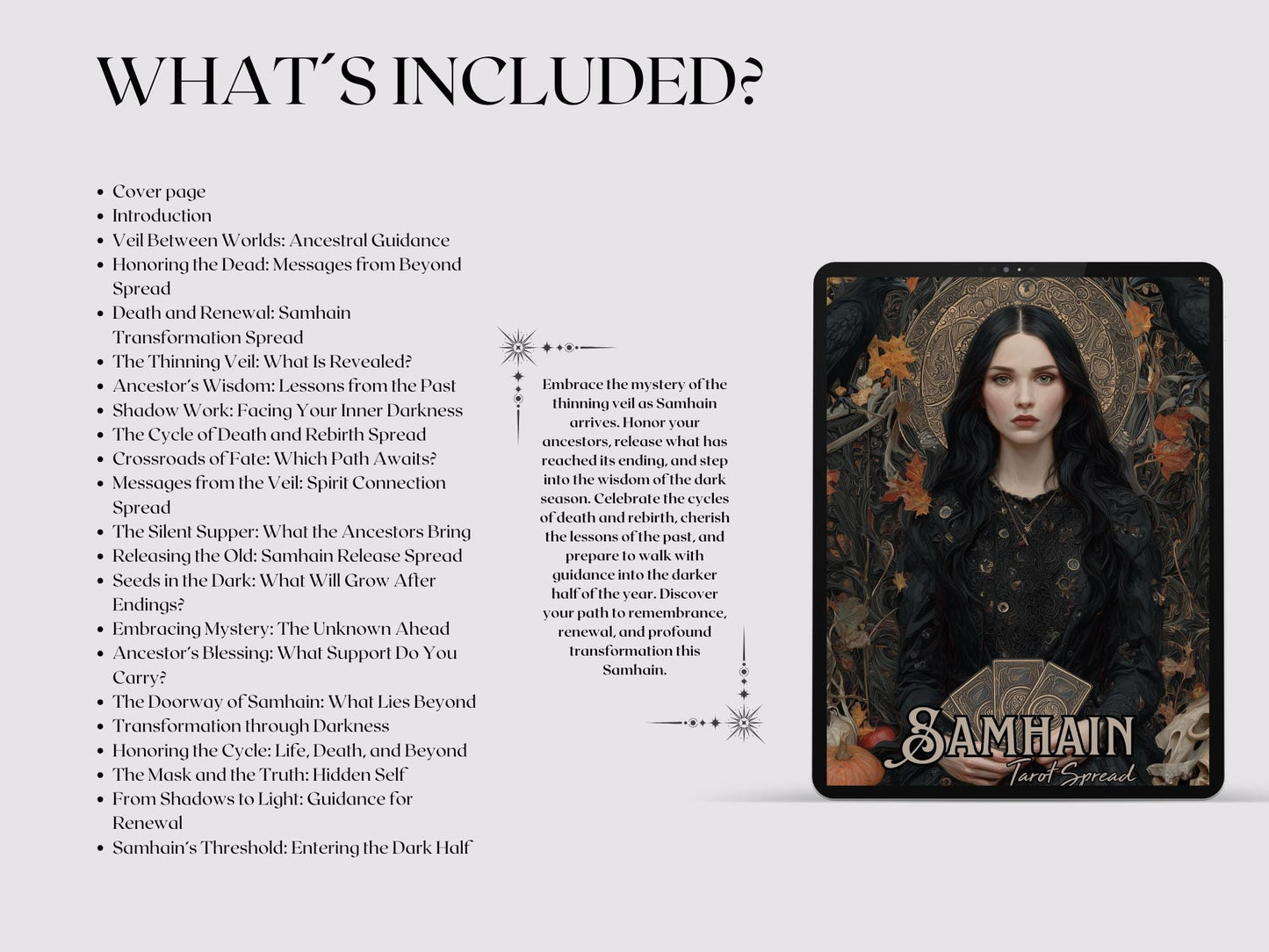 Samhain Tarot Spread PDF — Ancestral Guidance & Shadow Work | Wicca Pagan Witchcraft | Wheel of the Year Printable