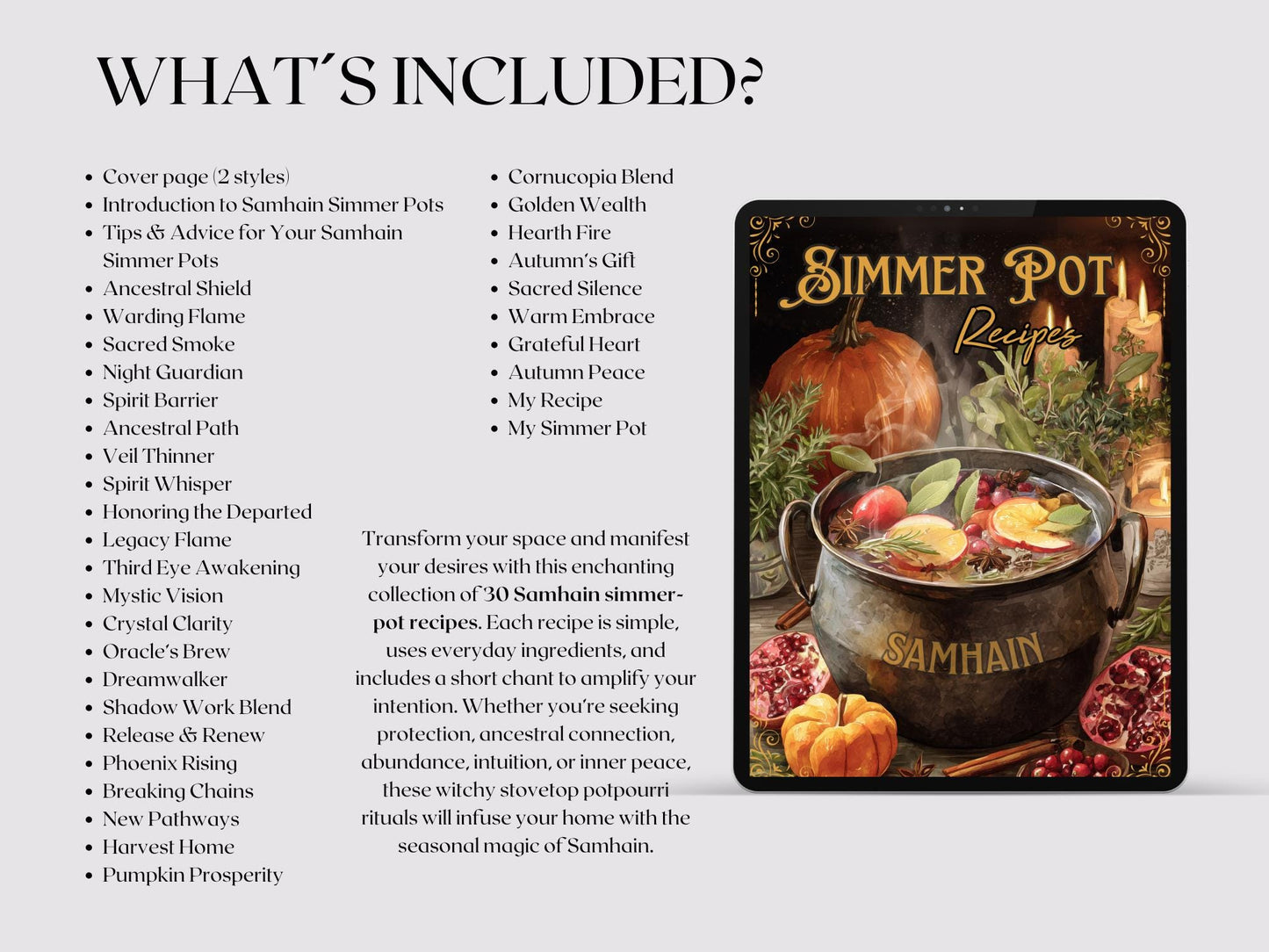 Samhain Simmer Pot Recipes PDF | Witchy Stovetop Potpourri Rituals, Wiccan Fall Magic, Ancestral Connection, Protection & Cleansing.
