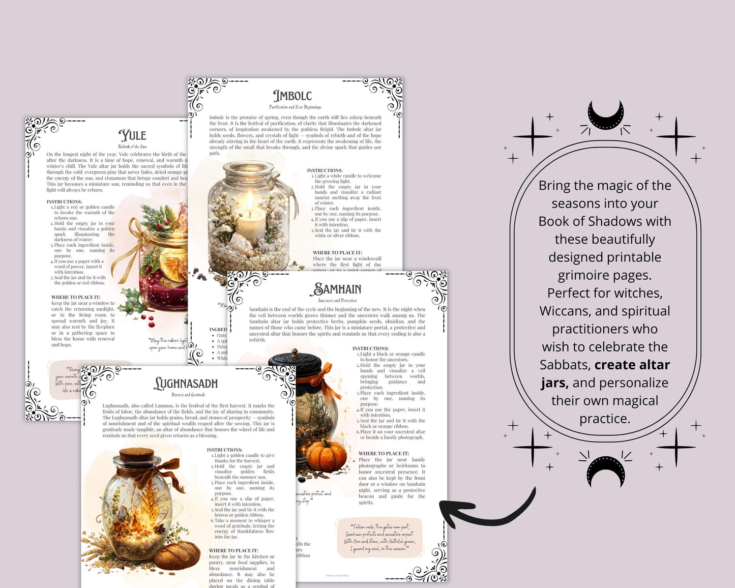 Wheel of the Year Spell Jar Grimoire Pages | Printable Wiccan Worksheets | Sabbat Altars | Printable