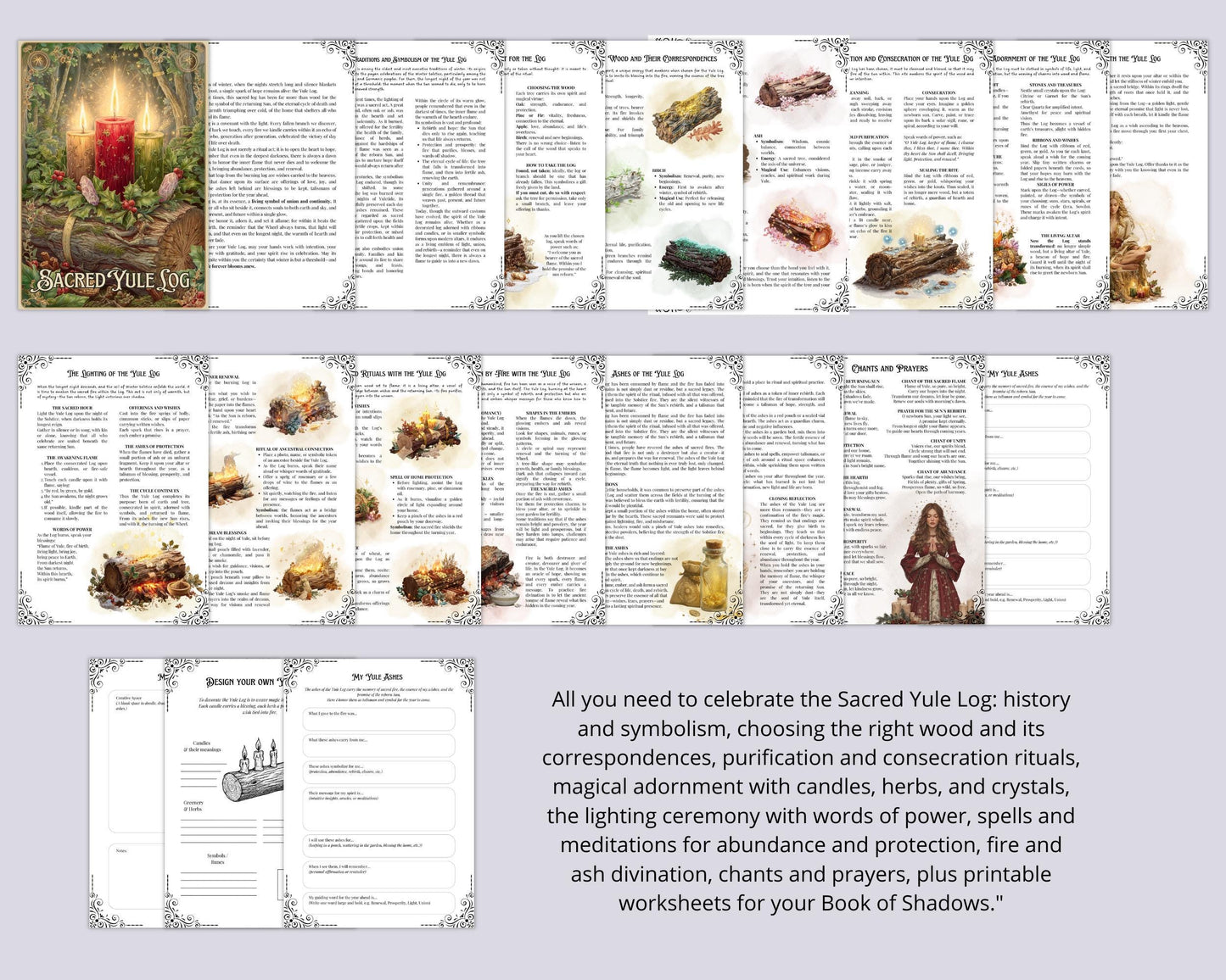 Yule Log Grimoire Printable | Winter Solstice Ritual Pages • BOS PDF with Spells, Meditations & Ash Journal