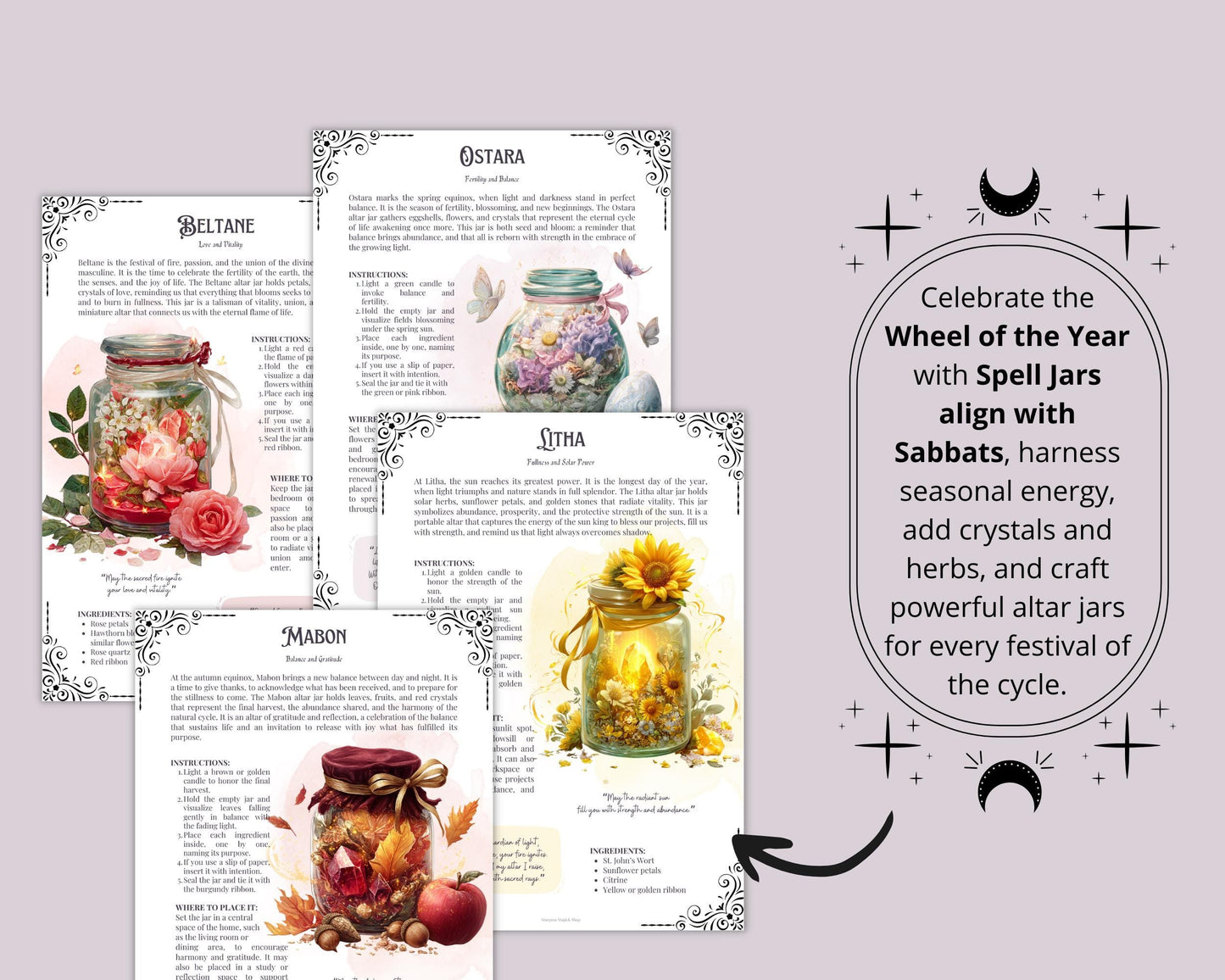 Wheel of the Year Spell Jar Grimoire Pages | Printable Wiccan Worksheets | Sabbat Altars | Printable