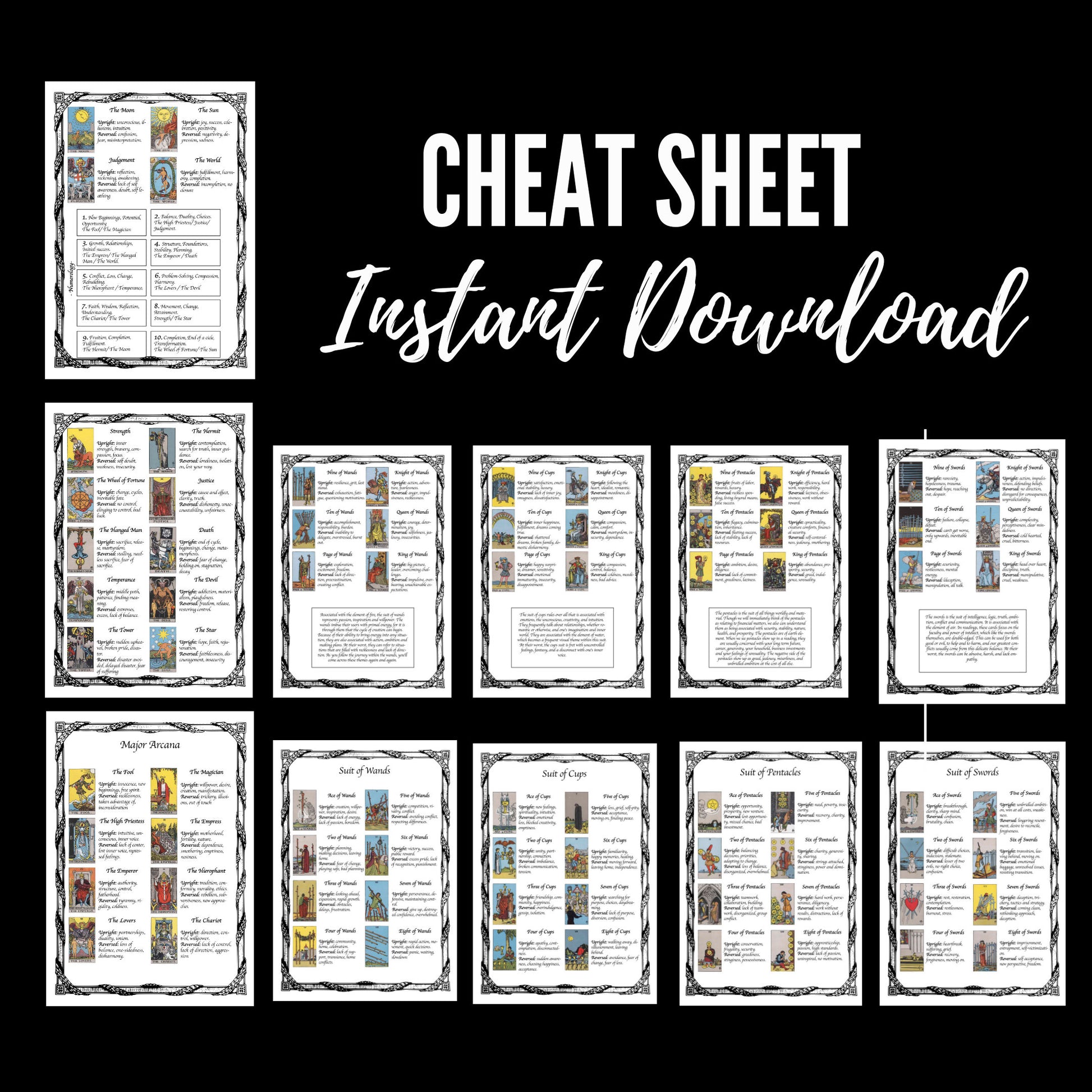 Tarot Cheat Sheet with Upright and Reversed Tarot Card Meanings to help with Tarot Spreads, Printable Tarot Journal Pages, Tarot Keywords