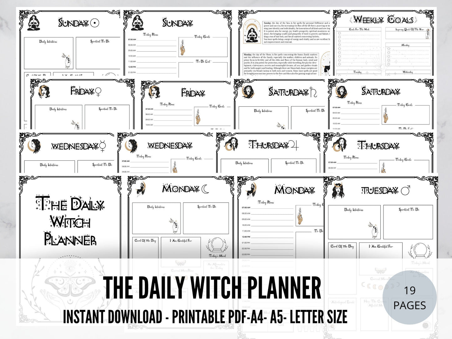 Daily Witch planner, 7 days planner printable, daily planner, witch planner, witch planner printable, productivity planner, pagan planner