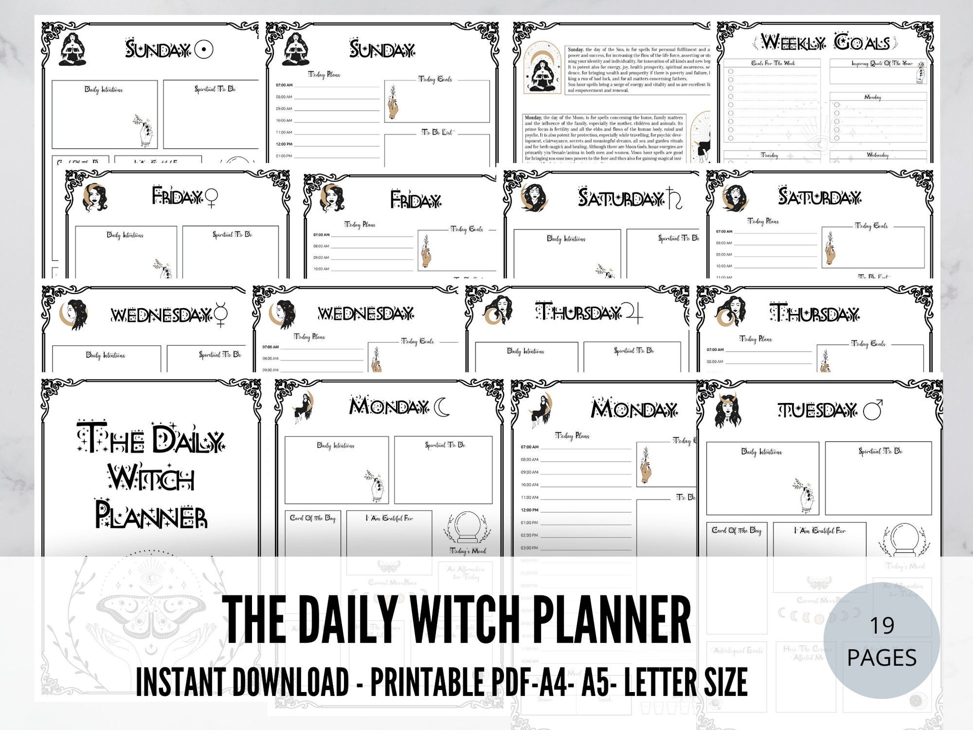 Daily Witch planner, 7 days planner printable, daily planner, witch planner, witch planner printable, productivity planner, pagan planner