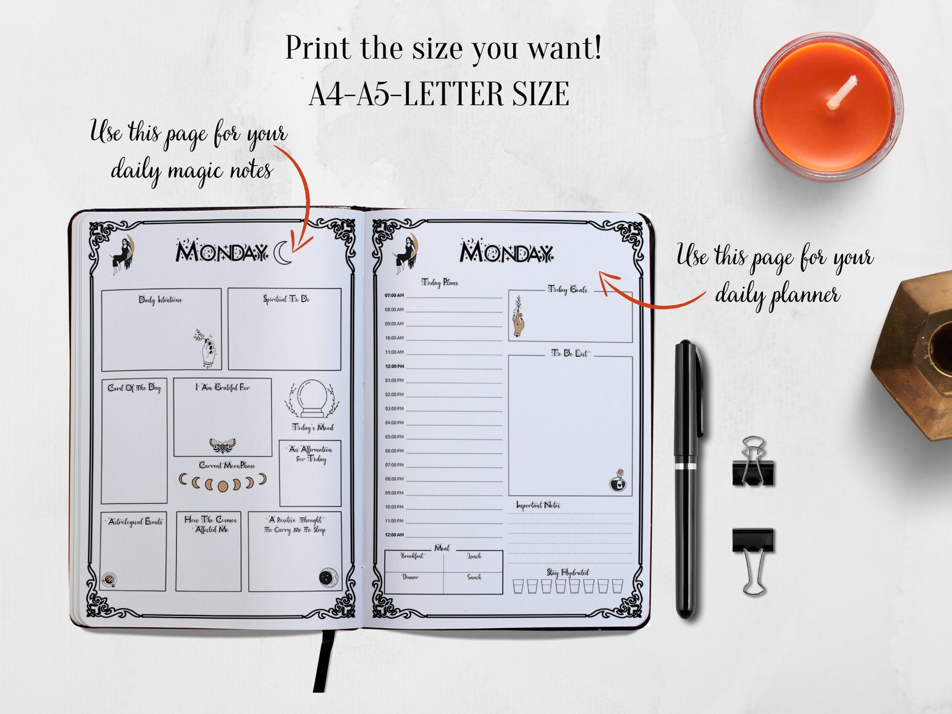 Daily Witch planner, 7 days planner printable, daily planner, witch planner, witch planner printable, productivity planner, pagan planner