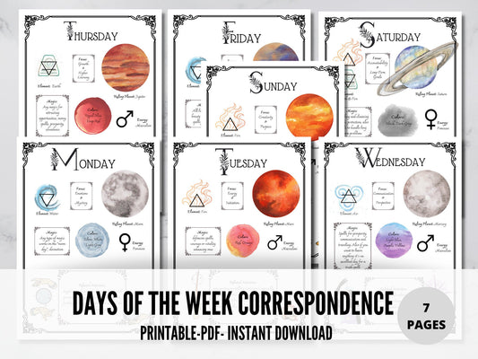 Days of the Week Correspondence | Book of Shadows | Printable BOS | Grimoire Pages | Magic Correspondences | Magic Grimoire