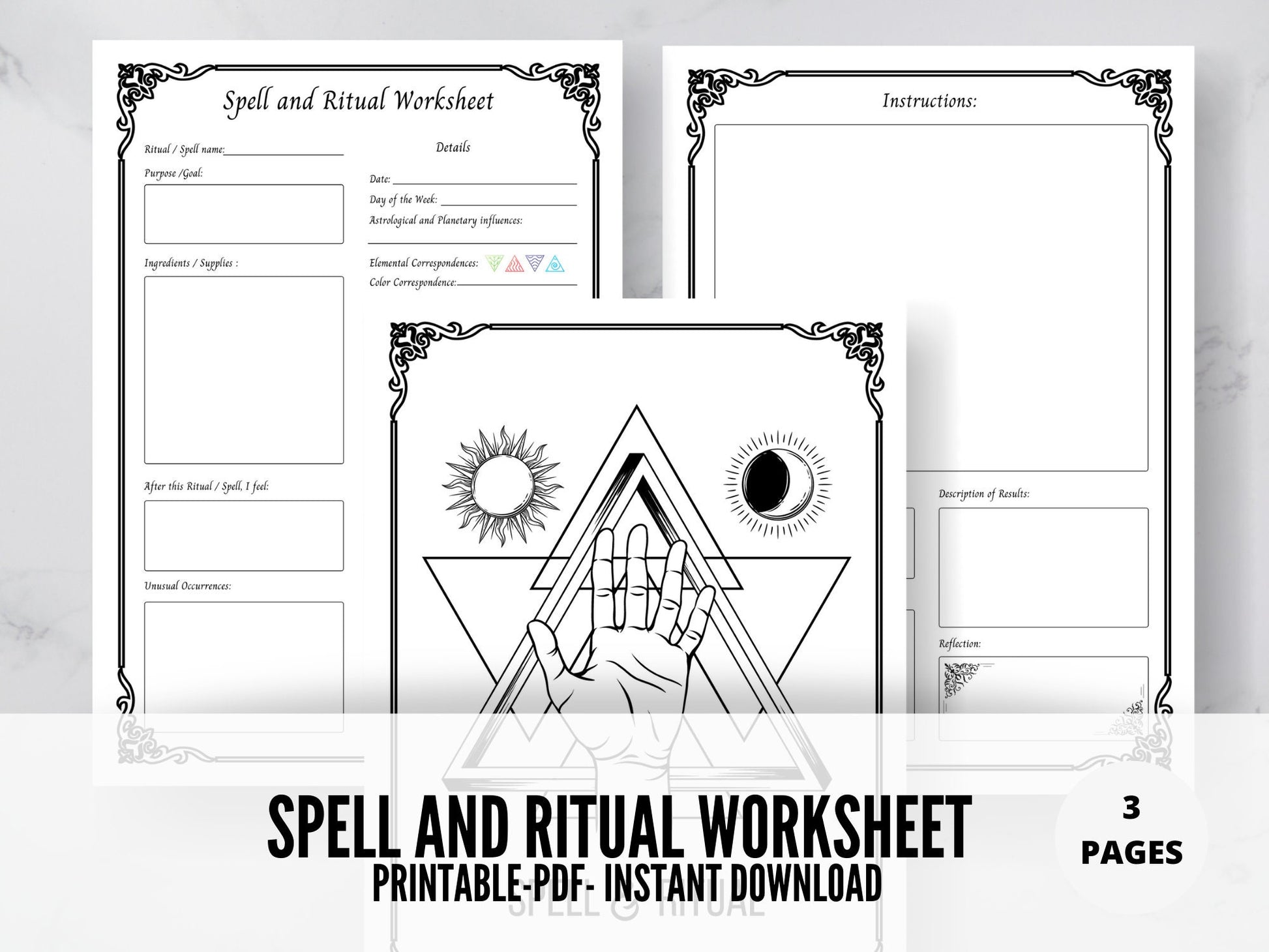 SPELL & RITUAL TEMPLATES 3 Pages Record your spells and rituals - Printable Book of Shadows- spell worksheet