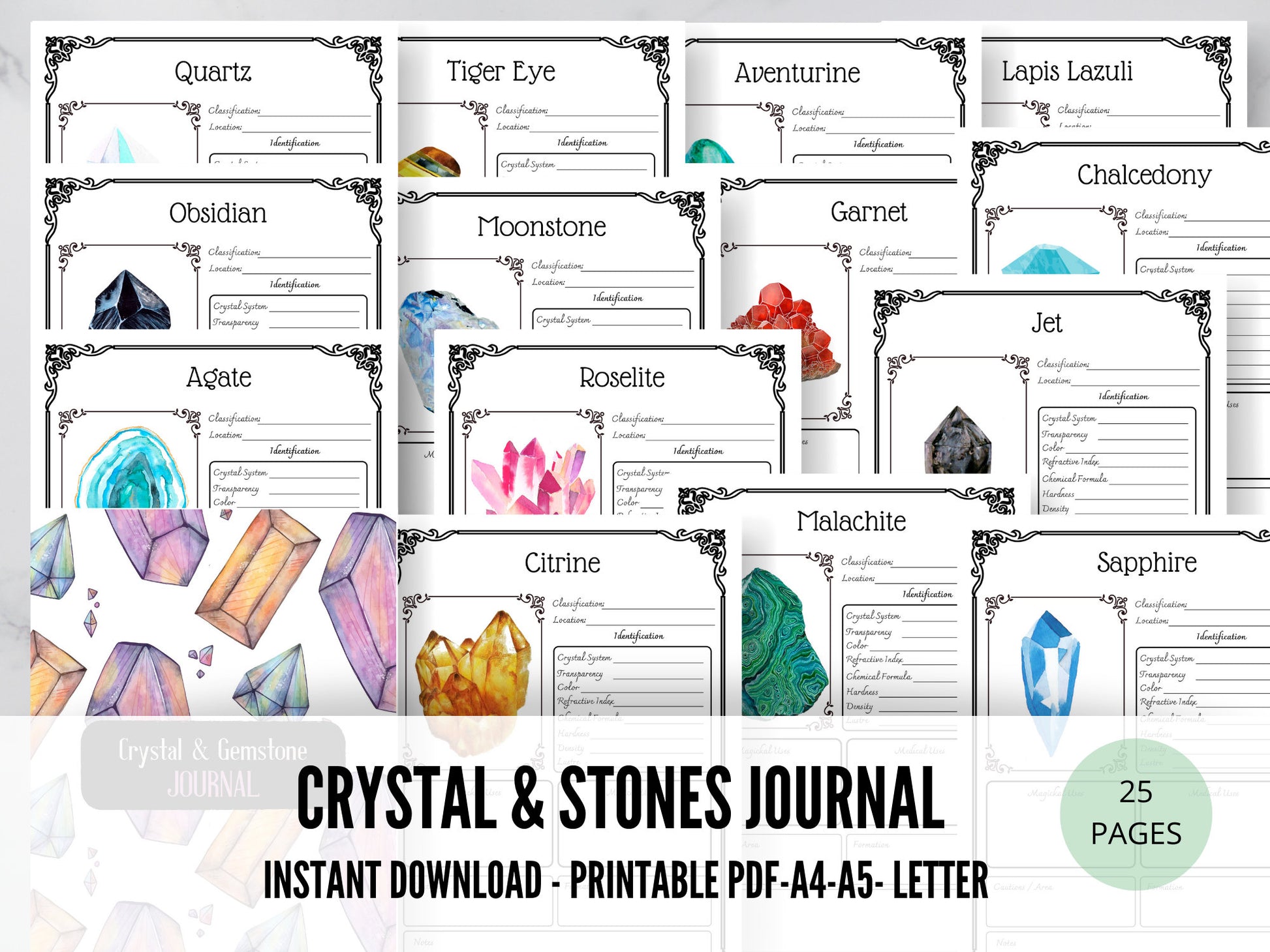 25 pages WITCH'S Crystal and Gemstone Journal | Crystal Book of Shadows Pages | Grimoire Pages | Witchcraft Supplies