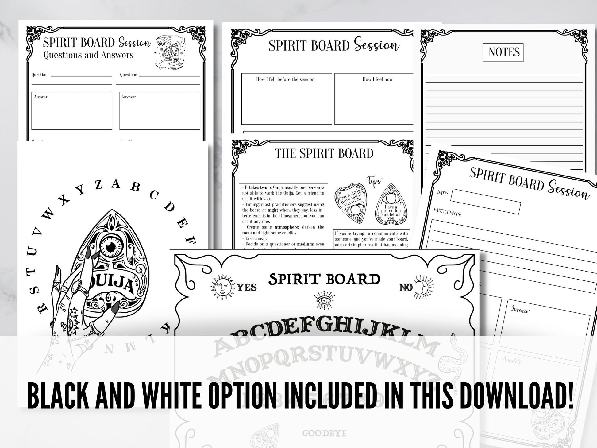 Spirit Board Session Journal, Ouija, Grimoire Spirit Board pages / Book of Shadows / Basic information / Communication Journal
