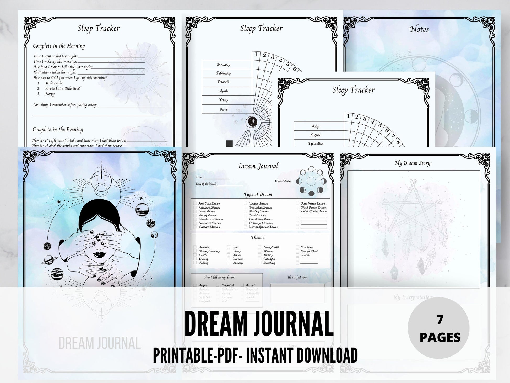 Dream Journal, Watercolor Printable Pages, Witch dreams, Sleep tracker, 2 styles