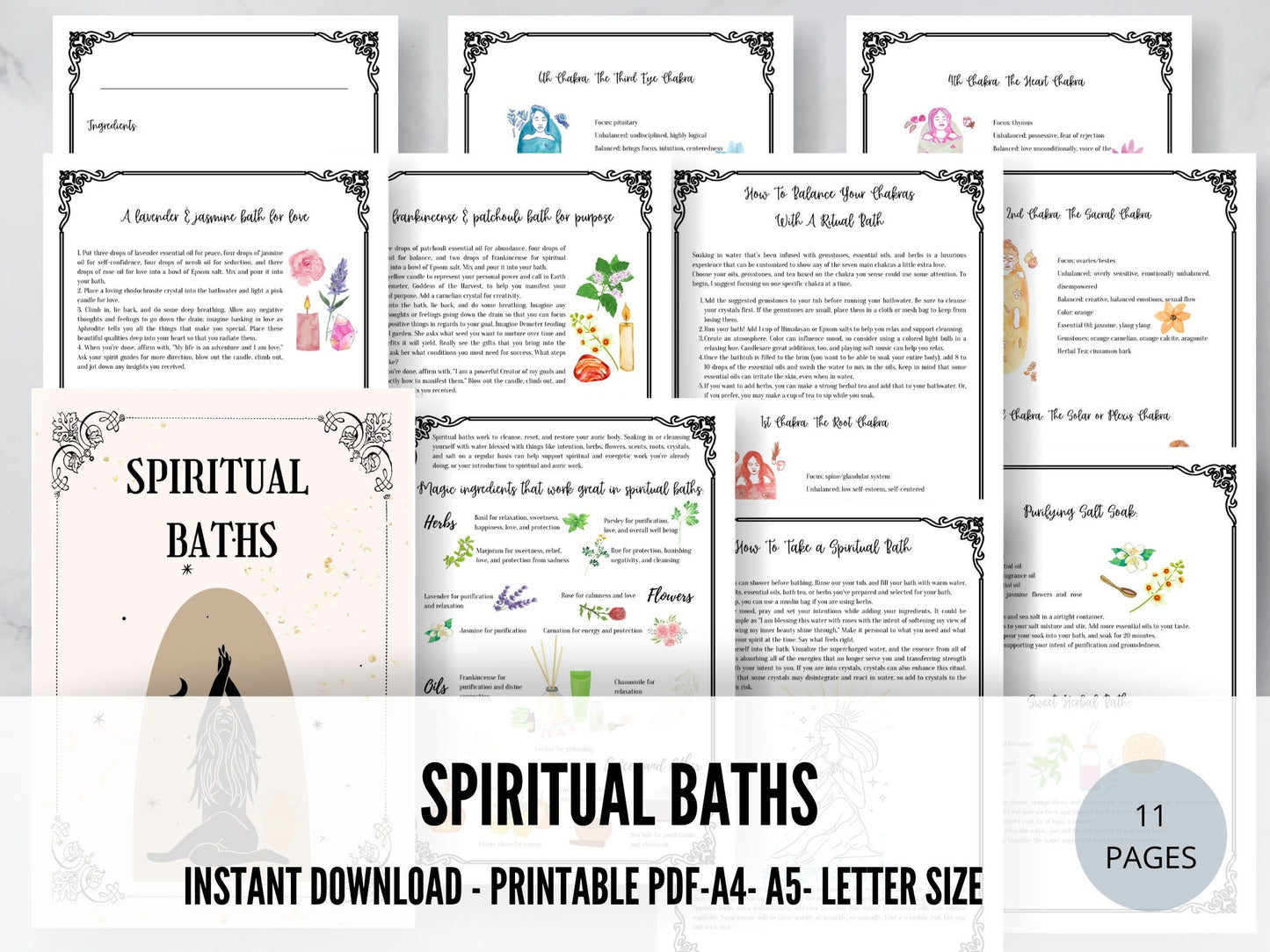 Spiritual Baths, Ritual Instructions, Printable, PDF Download, Spell Book, Book of Shadows, Spell Pages, Self Care, Cleansing Ritual