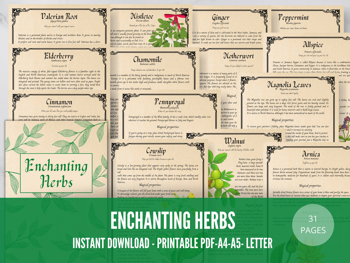 31 pages Herbal Magic Printable Grimoire Pages - Enchanting Herbs - Herbalism - Green Witch -Book of Shadows - herb journal