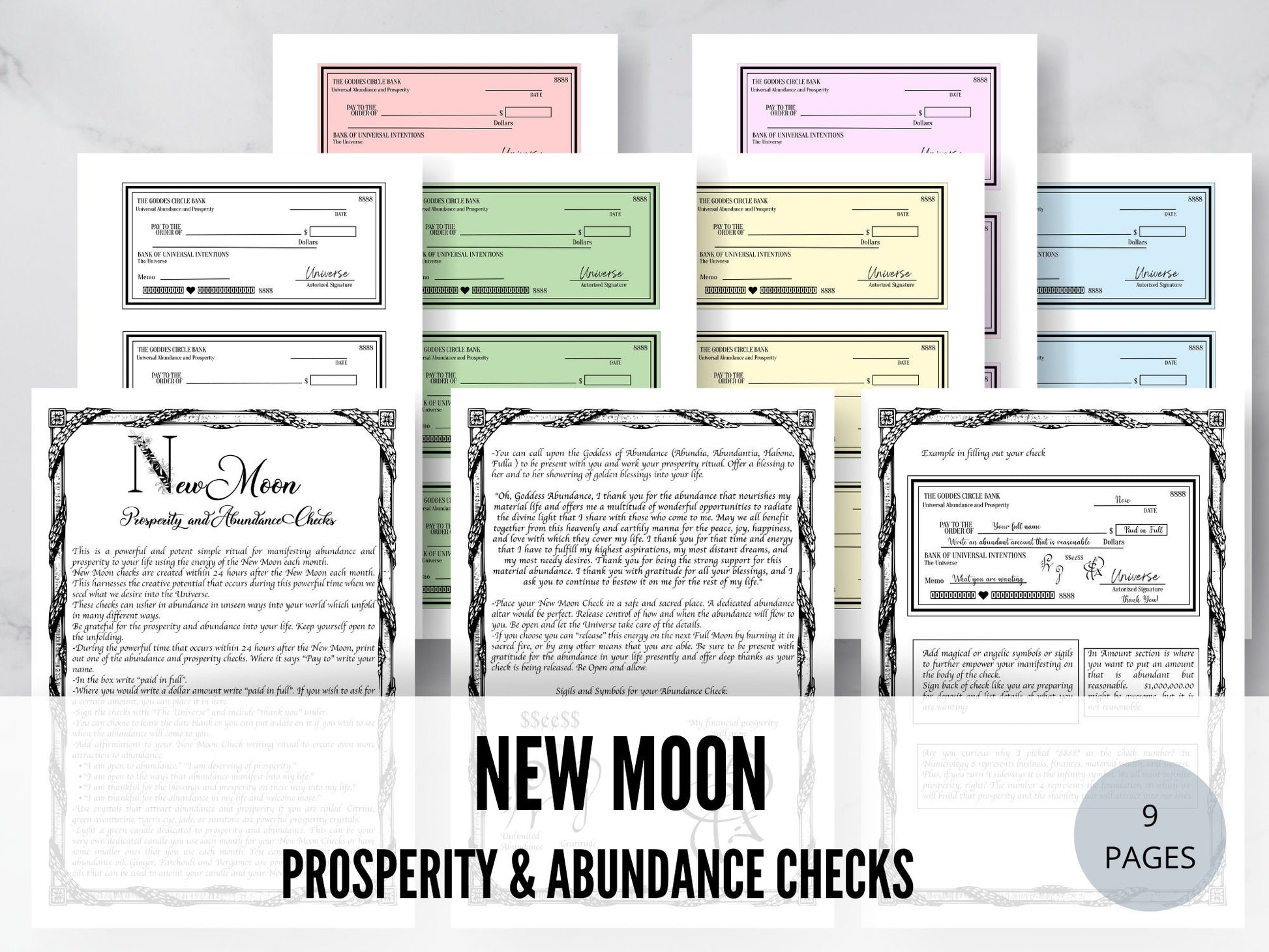 Law Of Abundance | Law Of Attraction | Manifestation Checks | Vision Board | Printable| New Moon | Bos pages