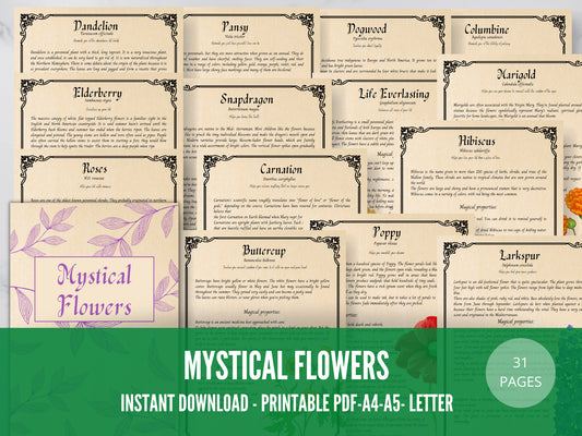 31 pages Mystical flowers Printable Grimoire Pages - Herbalism - Green Witch -Book of Shadows - herb journal